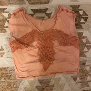 Free People Salmon Crop Tee with Lace